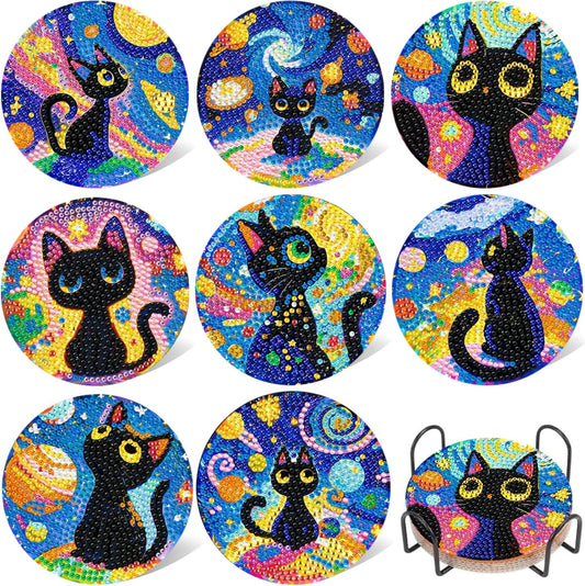 DOZEEZOP 8 PCS Diamond Art Coasters Kit, Cat Diamond Painting Coasters with Holder, Fall Diamond Art Kits for Adults Beginners, Arts and Crafts Supplies Black Astral Cat Animals