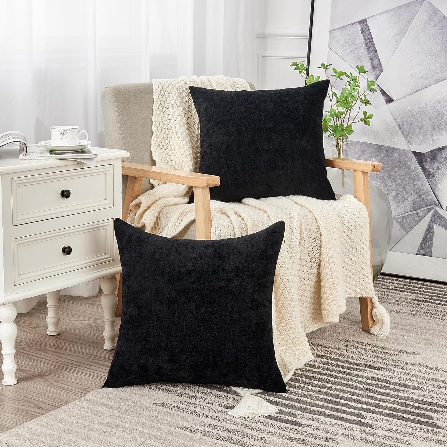 GAWAMAY Decorative Chenille Throw Pillow Covers 24x24 Inch Pack of 2, Soft Square Couch Pillow Cover for Sofa Cushion Living Room Bedroom Solid Dyed Pillowcases Black 60x60cm (ONLY Covers)