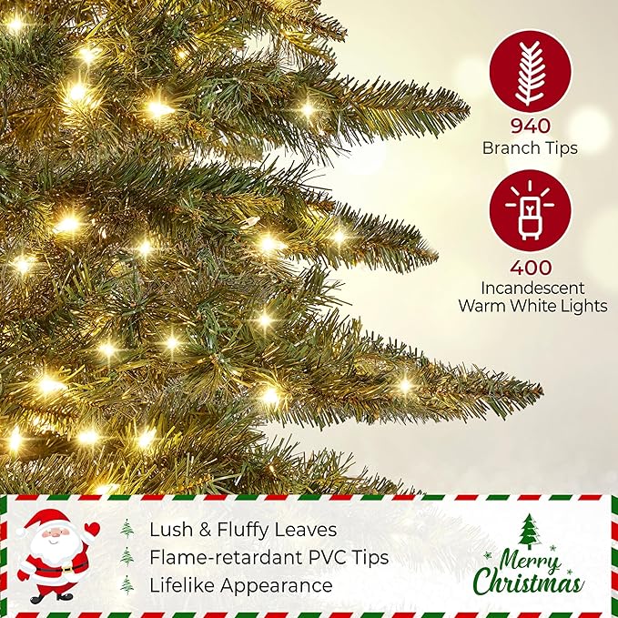 Yaheetech 6ft Pre-Lit Christmas Fir Tree with 400 Warm LED Lights & 940 PVC Tips,Hinged Holiday Decorative Tree with Foldable Stand & Protective Foot Caps,Green