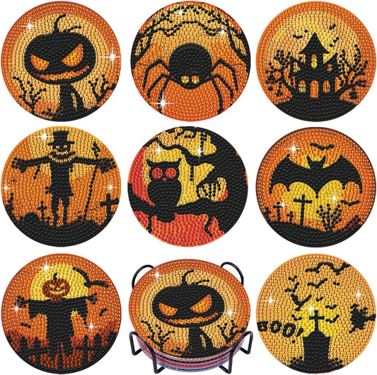 Leatrice 8PCS Halloween Diamond Art Coasters Set Small Diamond Painting Kits for Adults Beginners Women Round Full Drill Diamond Coasters with Holder Funny Arts Supplies for Party