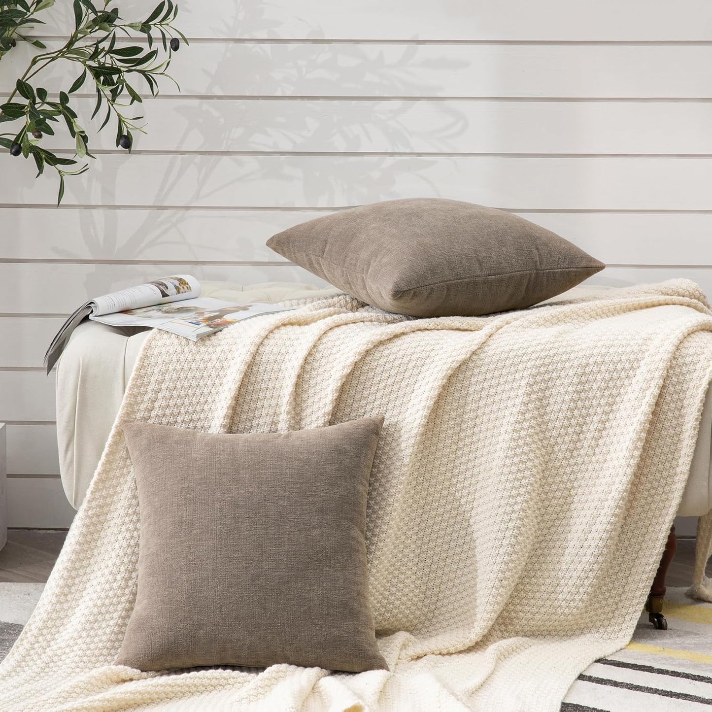 GAWAMAY Decorative Square Throw Pillow Covers 18"x18" Inch Set of 2, Super Soft Chenille Pillows Farmhouse Fall Pillowcase for Living Room Bedroom Sofa Couch Cushion Cover Taupe Grey 45x45cm