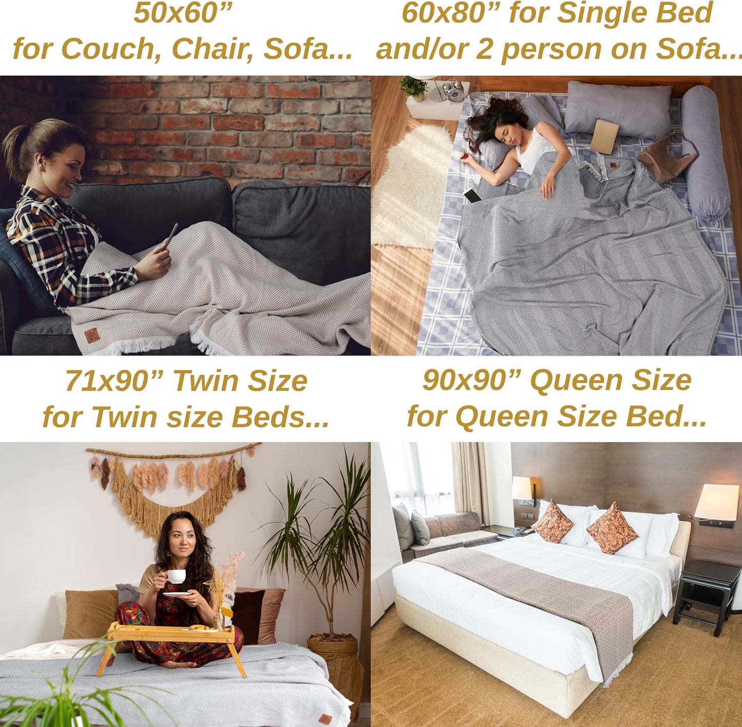 Gold Case Throw Blanket for Couch - 100% Recycled Turkish Cotton Blankets & Throws - Retro Soft Throw Blankets for Living Room - Boho Decorative Woven Couch Blanket - 60x80 - Black