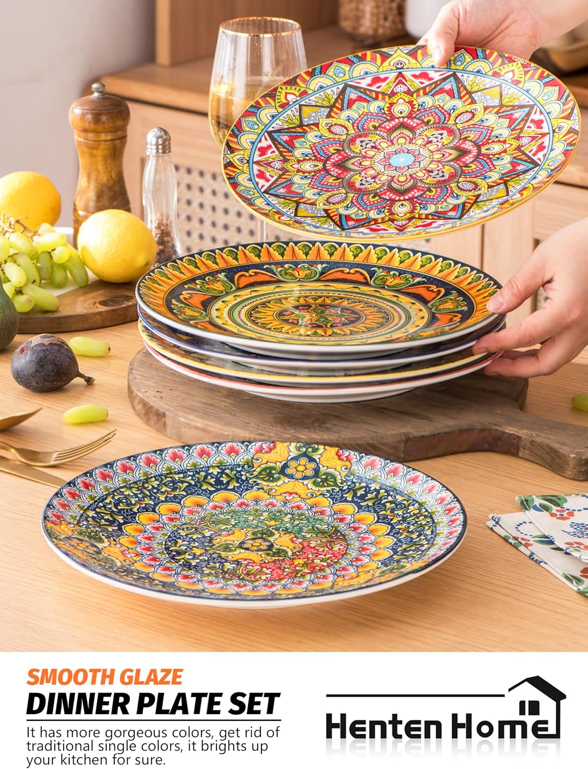 Henten Home Dinner Plates Set of 6, 10.5 Inch Porcelain Plate, Colorful Bohemian Serving Dishes for Kitchen, Pasta, Salad, Decorative, Microwave & Dishwasher Safe