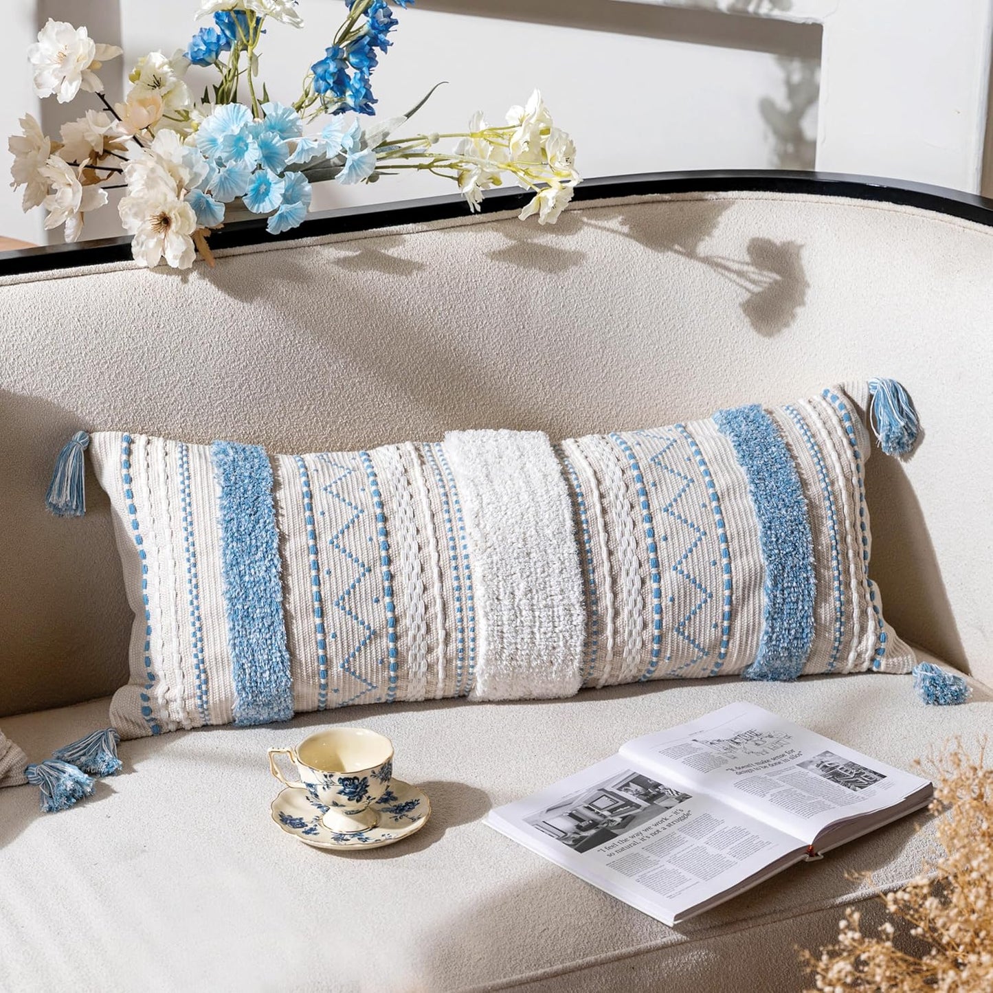 BlissBlush Blue Decorative Lumbar Throw Pillow Cover 14x36 Boho Long Cushion for Bed Neutral White Accent Farmhouse Pillowcase for Bedroom Living Room Couch Sofa Home Décor (Cover ONLY, Pack of 1)