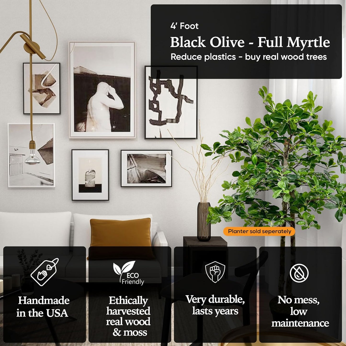 Cypress & Alabaster Handmade 4ft Italian Black Olive Leaf Artificial Tree with Ethically Sourced Real Wood Trunks, Hypoallergenic, 4-Foot, Green