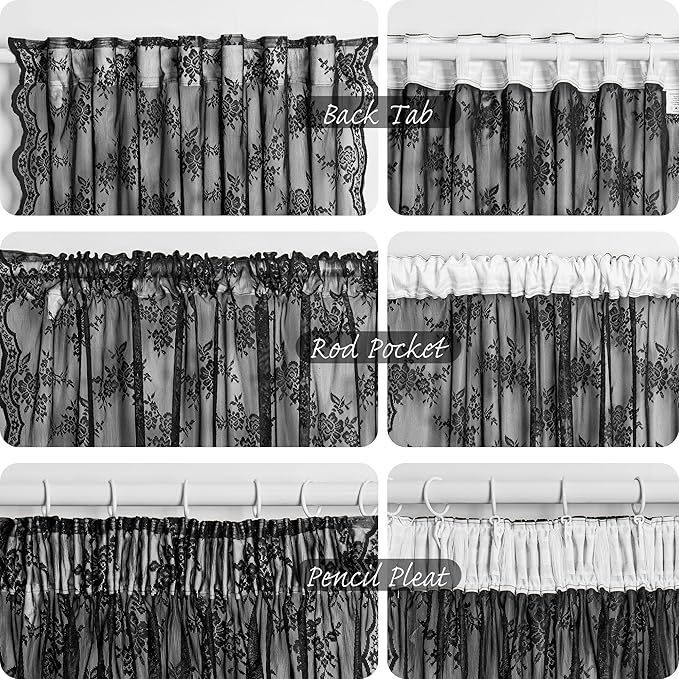 MEETSKY Lace Sheer Curtains 72 Inch Long Black Goth Victorian Vintage Spooky Halloween Holiday Party Decor for Living Room Bedroom Back Tab Rod Pocket Light Filtering Drapes, 50"W Each Panel, 2 Pieces