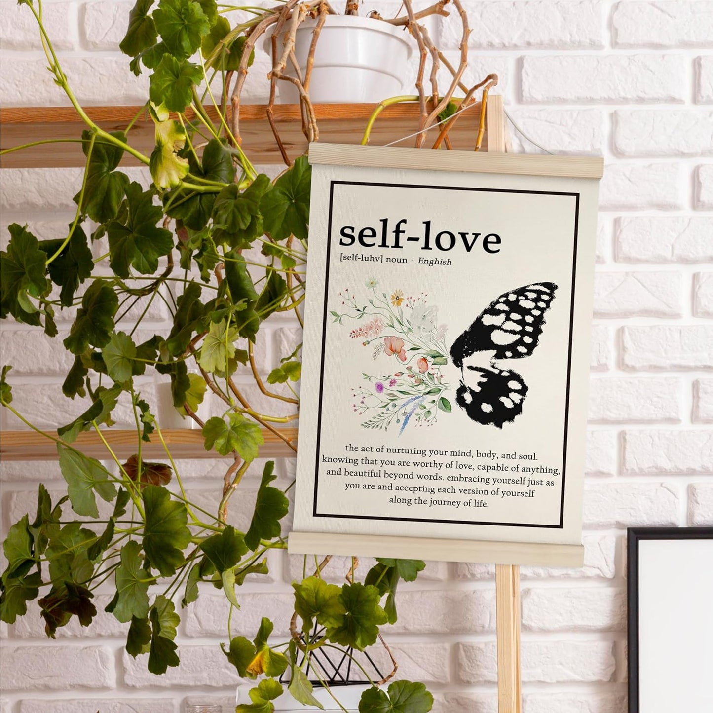 HRQKO Inspirational Self Love Definition Poster Hanger Frame, Mental Health Decor, Self Love Gifts Wall Art with Wooden Frames, Butterfly Floral Wall Hanging Banner for Women Girls Office, 12x16 Inch