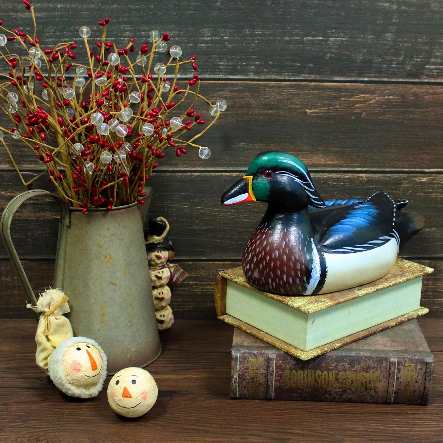 CVHOMEDECO. Primitives Hand Engraving and Painted Wood Wild Duck Farmhouse Figurine Mallard Decorative Accent, 12 Inch