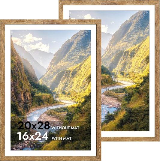 iRahmen 20x28 Poster Frame Set of 2 with Plexiglass, Wood Brown Rustic Picture Frames for Wall Mounting Display 16x24 Picture with Mat or 20 x 28 Without Mat