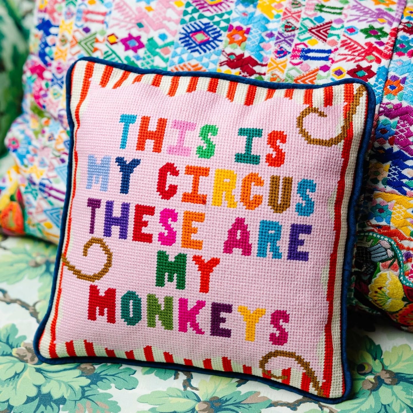 FURBISH Handmade Needlepoint Decorative Throw Pillow - My Circus - 11"x11" - Small Embroidered Designer Pillow for Living Room, Couch, Sofa, Chair & Bed - Eclectic Home Decor