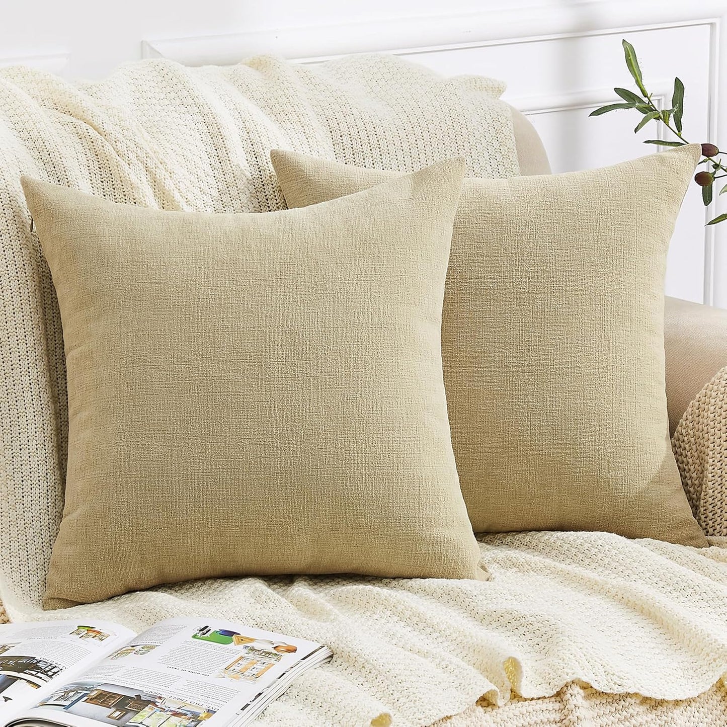 GAWAMAY Decorative Chenille Throw Pillow Covers 24x24 Inch Pack of 2, Soft Square Couch Pillow Cover for Sofa Cushion Living Room Bedroom Solid Dyed Pillowcases Khaki 60x60cm (ONLY Covers)