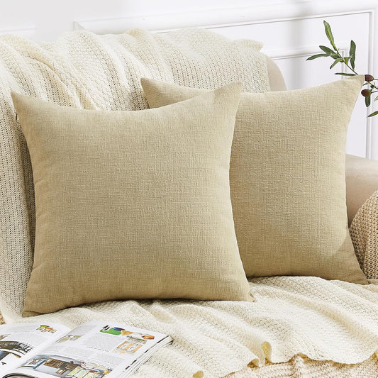 GAWAMAY Decorative Chenille Throw Pillow Covers 24x24 Inch Pack of 2, Soft Square Couch Pillow Cover for Sofa Cushion Living Room Bedroom Solid Dyed Pillowcases Khaki 60x60cm (ONLY Covers)