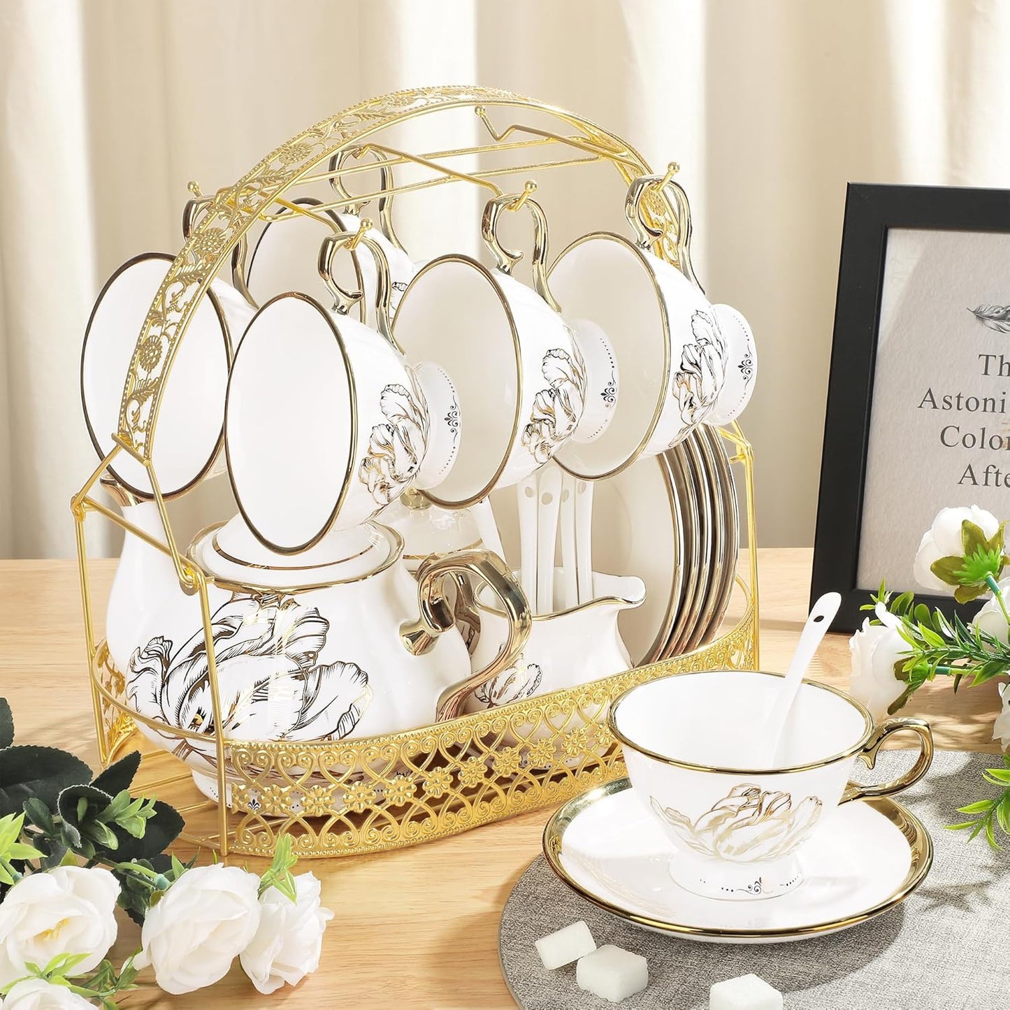 fanquare British Porcelain Tea Coffee Set 22 Piece New Bone China Gold Tulip Tea Service for Afternoon Tea, 6 TeaCup and Saucers with Metal Holder for Home Wedding Birthday