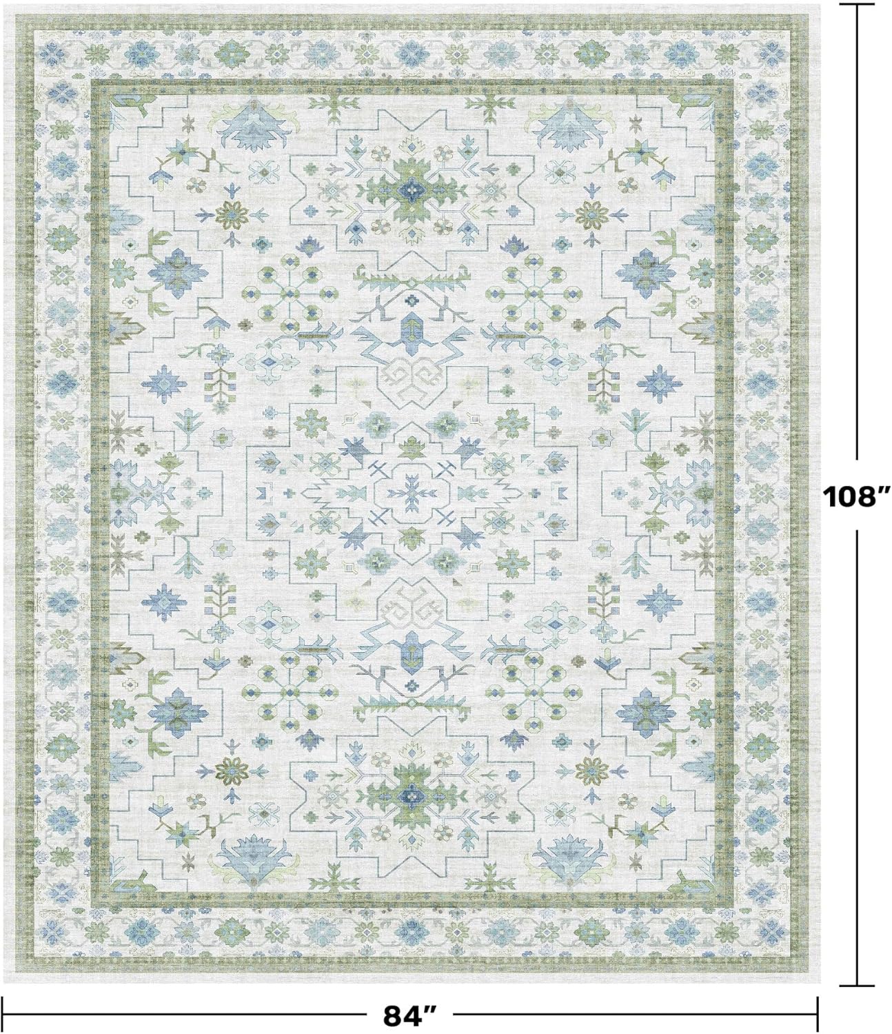 Cream Oushak 7x9 Bedroom Rug - Boho Floral Cool Blue and Green, Washable Low Pile Non-Slip Ultra-Thin Large Area Rugs for Playroom, Bed Room, Living Room