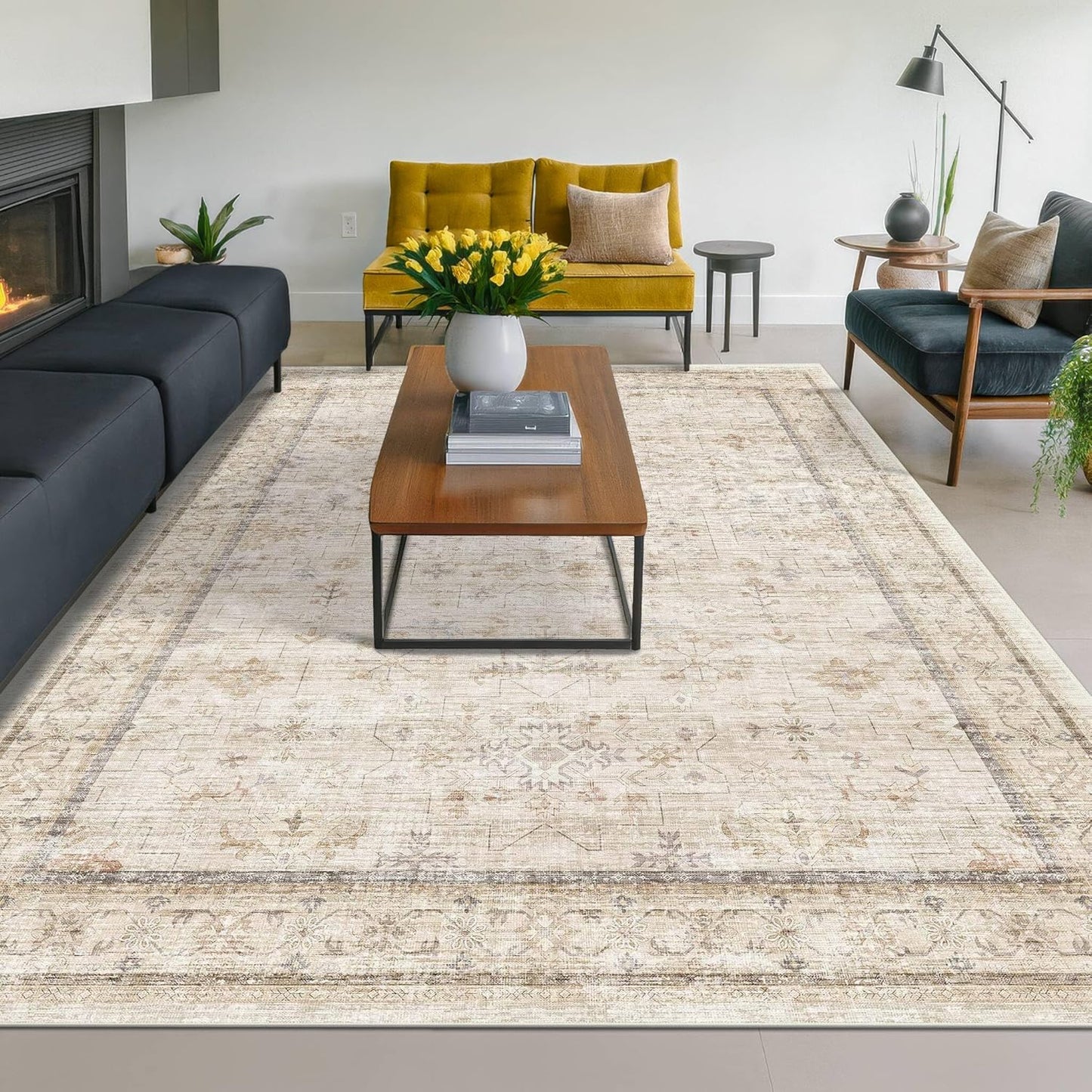 Ivory 5x8 Area Rug for Bedroom, Home Office, Washable Non Slip Dinning Rugs for Under Table, Soft Low Pile Neutral Farmhouse Boho Living Room Décor