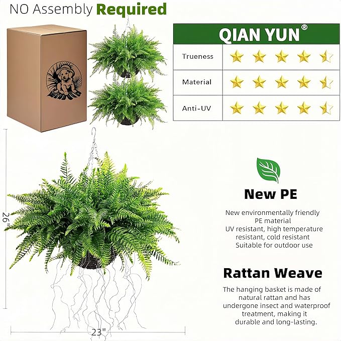 QIANYUN Fake Fern Outdoor Artificial Plants-2-Pack Artificial Outdoor Hanging Fern Faux Greenery UV Resistant Plastic Plants for Front Porch Living Room Garden Decor- Including Hanging Planters