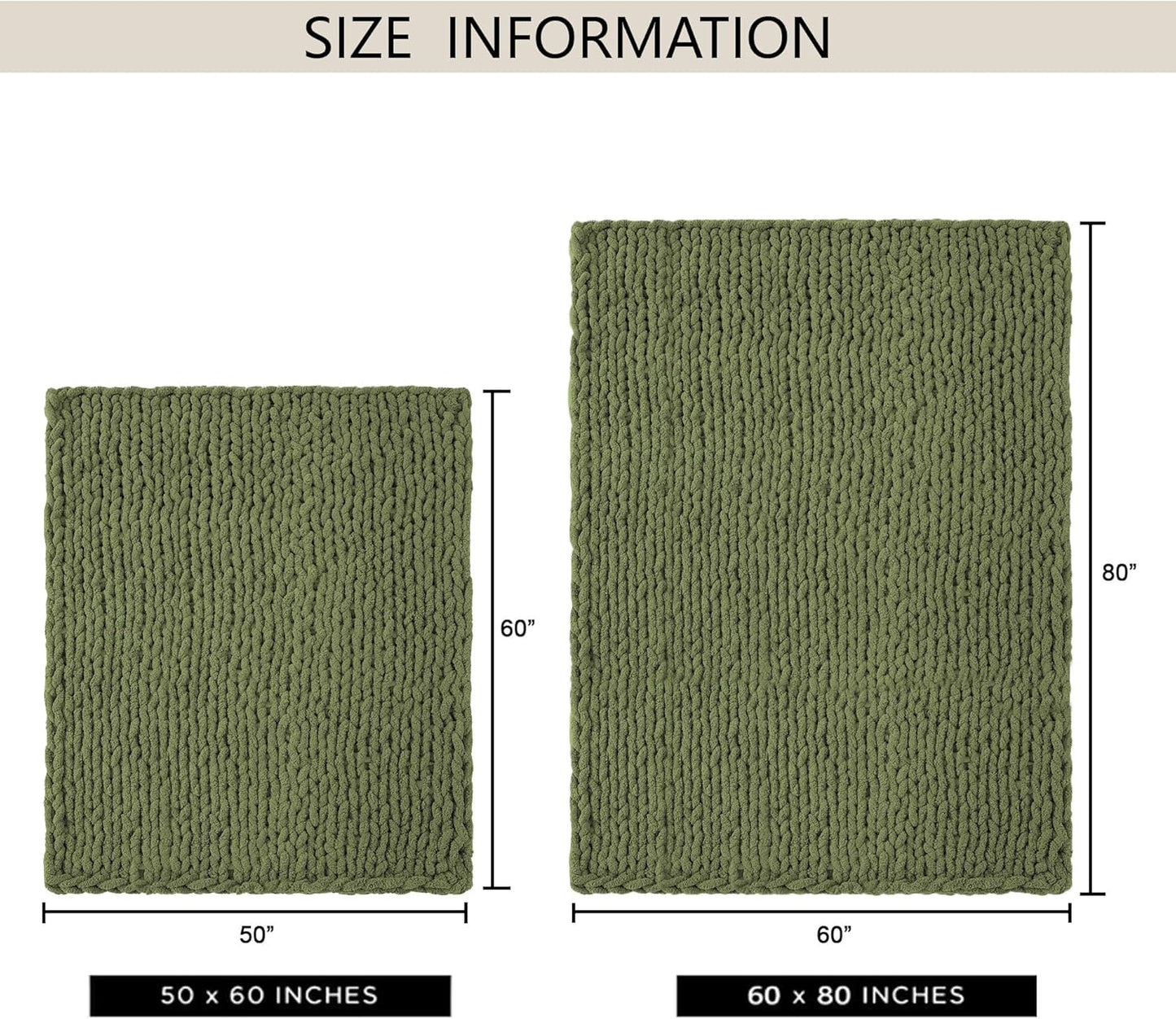 Chunky Knit Throw Blanket 60"X 80", 100% Handmade with Soft Chenille Yarn, 6.7lbs Thick Cable Knitted Blankets, Large Rope Knot Crochet Throws for Couch Sofa Bed Home Decor, Olive Green