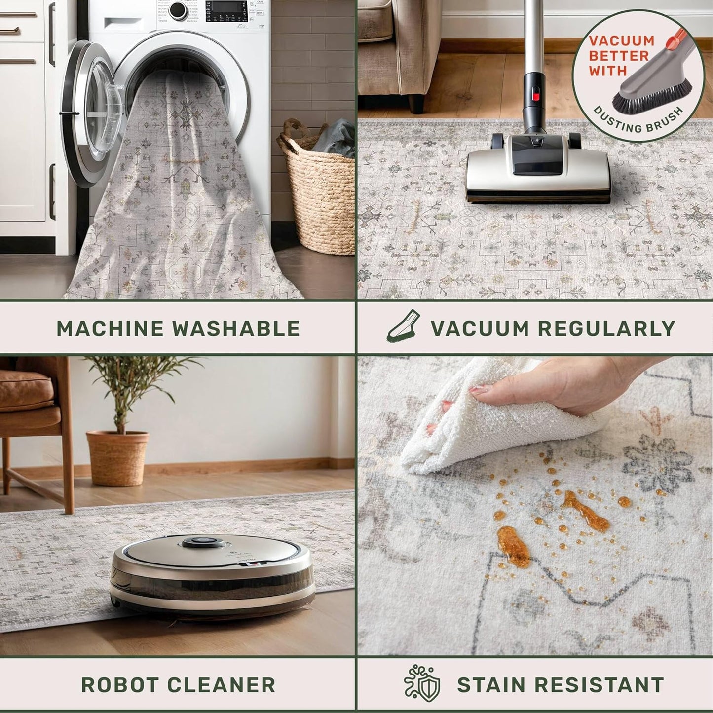 Light Gray Kitchen Rug 10 ft Long - Modern Neutral Boho Unique Floral with Brown Accent, Washable Low Pile Non-Slip Extra Long Wide Runner Rugs for Hallway, 3x10