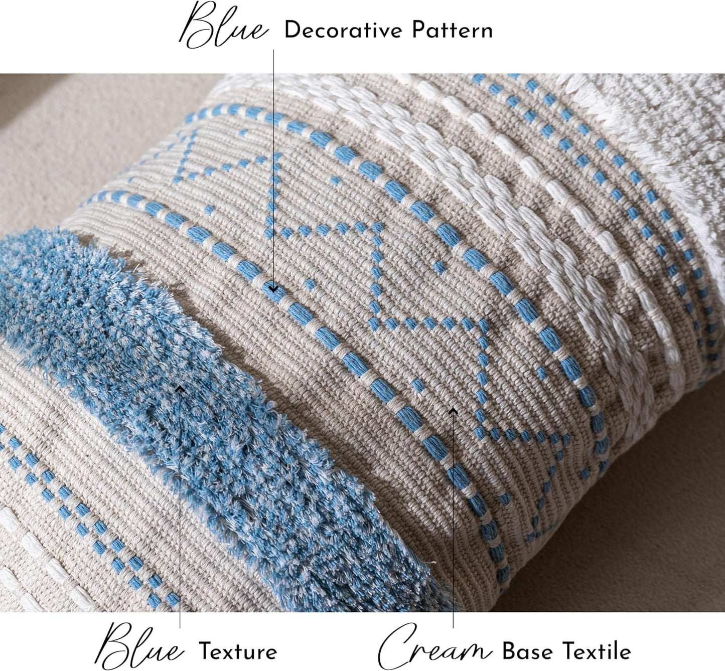 BlissBlush Blue Decorative Lumbar Throw Pillow Cover 14x36 Boho Long Cushion for Bed Neutral White Accent Farmhouse Pillowcase for Bedroom Living Room Couch Sofa Home Décor (Cover ONLY, Pack of 1)