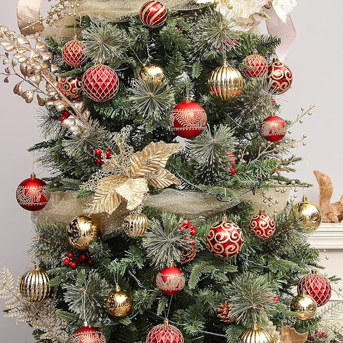 30 pcs Christmas Tree Balls, 2.36" Christmas Ornament Decorations Shatterproof Ornaments Gold and Red Color Painted Christmas Baubles Decorations for Party Wedding Christmas Decor