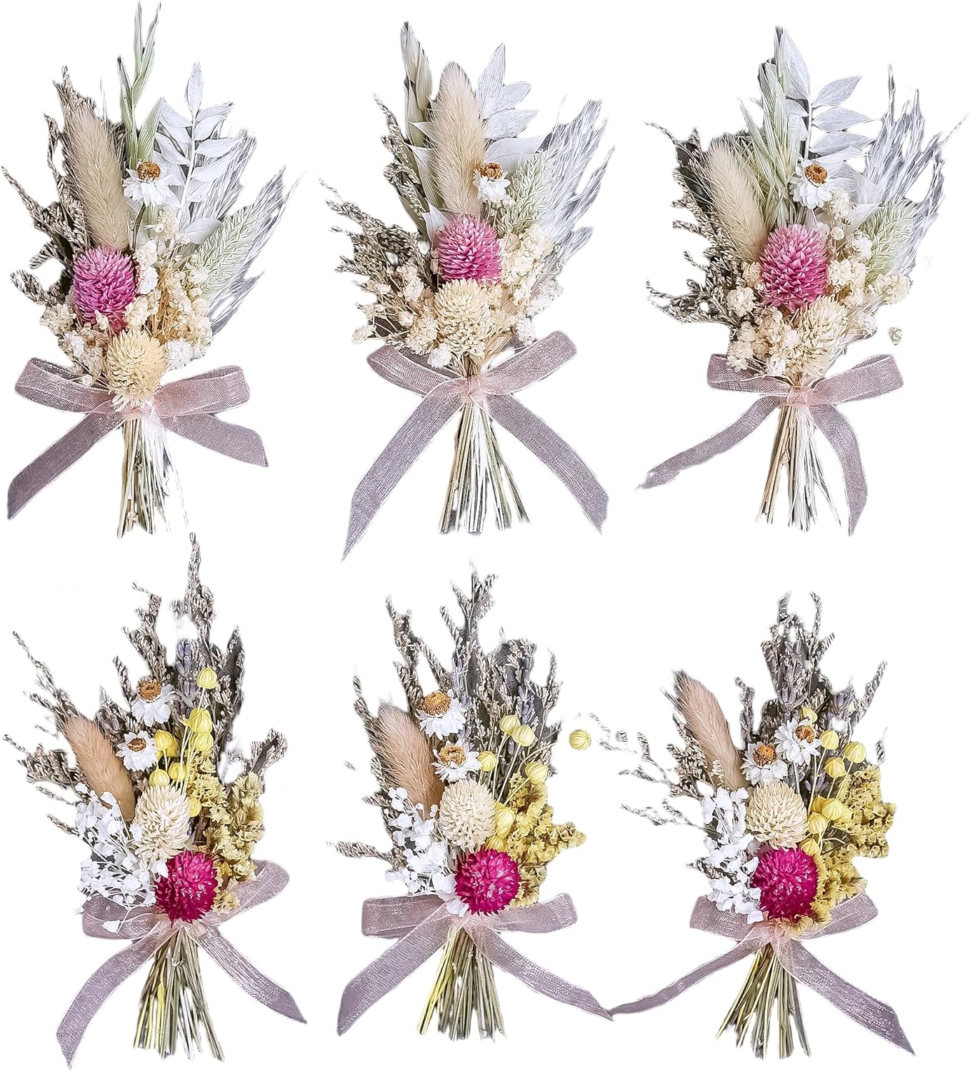 Mini Dried Flower Bouquet Set of 6, Pink Mini Bouquet, Party Plate Decoration, Bridesmaid Flower Girl Proposal Box, Birthday Cake Table Arrangement, Wall Decoration. (Pink)