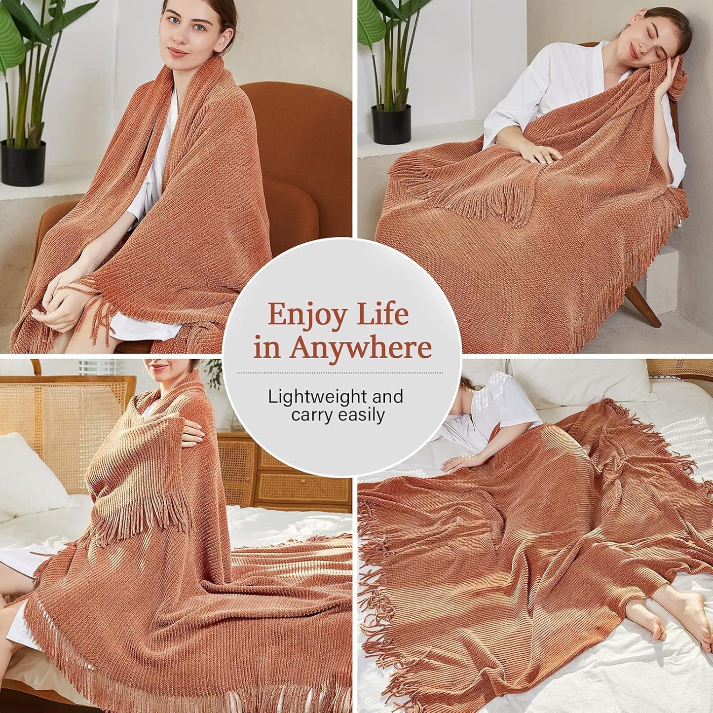 Blagic Knitted Throw Blanket for Couch Soft Farmhouse Boho Throw Blanket with Tassels Home Decorative Lightweight Throw Blankets,Maple Brown Throws for Bed/Chair/Sofa, Stripe Textured,50" W x 60" L