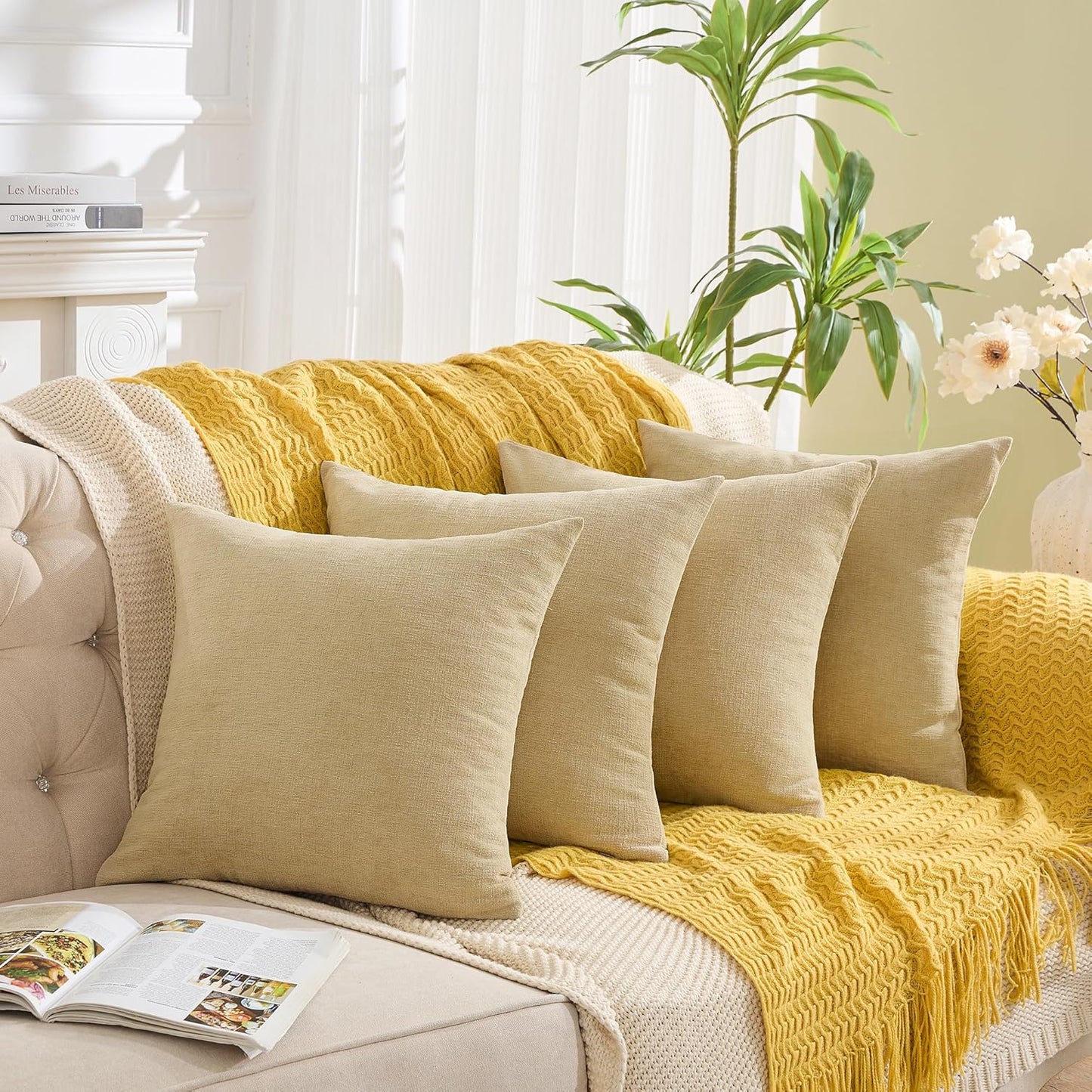 GAWAMAY Decorative Square Throw Pillow Covers 18x18 Inch Set of 4, Super Soft Chenille Pillows Cover Fall Pillowcase for Living Room Bedroom Sofa Couch Cushion Cover Khaki 45x45cm (No Insert)