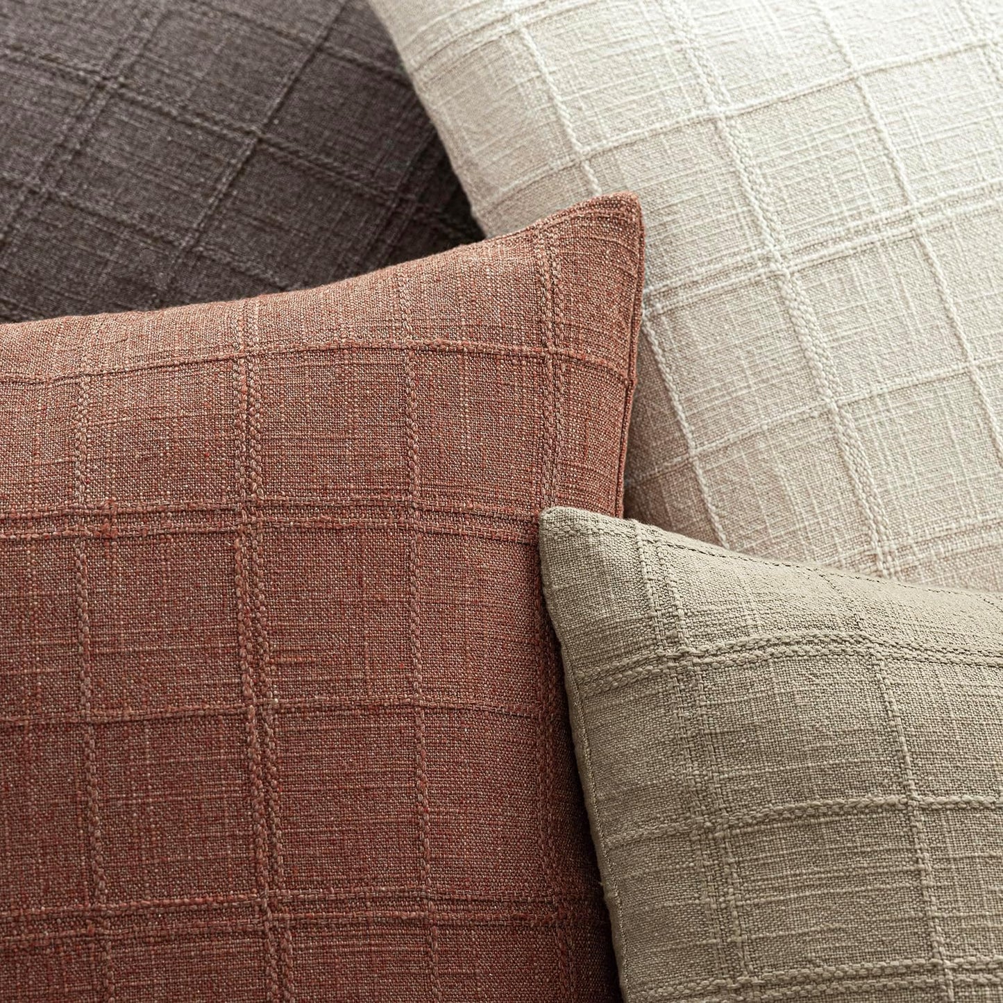 Foindtower Set of 2 Decorative Linen Check Throw Pillow Covers Neutral Farmhouse Vintage Cushion Covers Modern Boho Home Decor for Sofa Chair Couch Bedroom Living Room,24×24 Inch,Autumnal Red