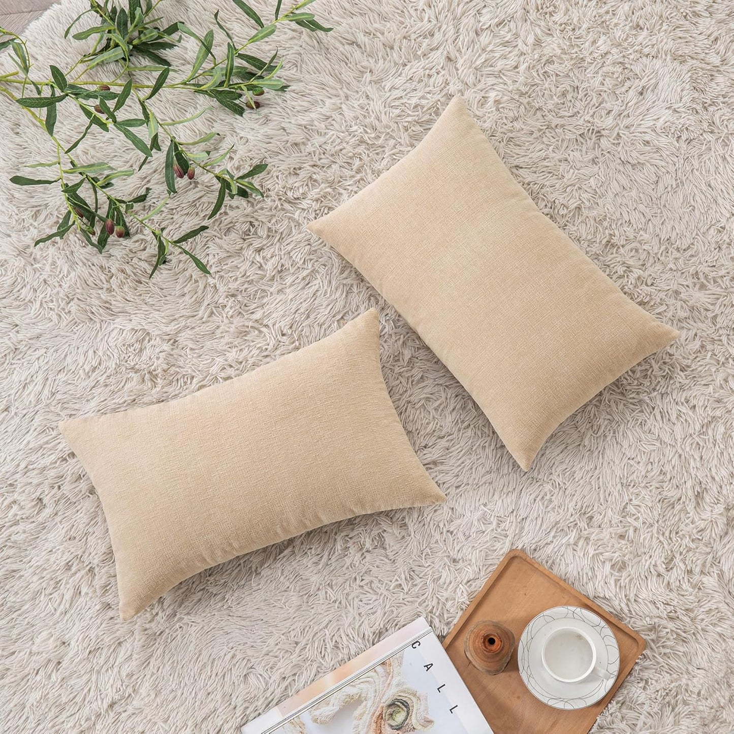 GAWAMAY Decorative Rectangle Throw Pillow Covers 12"x20" Inch Set of 2, Soft Chenille Fall Lumbar Support Pillow Cases for Living Room Bedroom Sofa Couch Cushion Cover Beige 30x50cm (No Inserts)