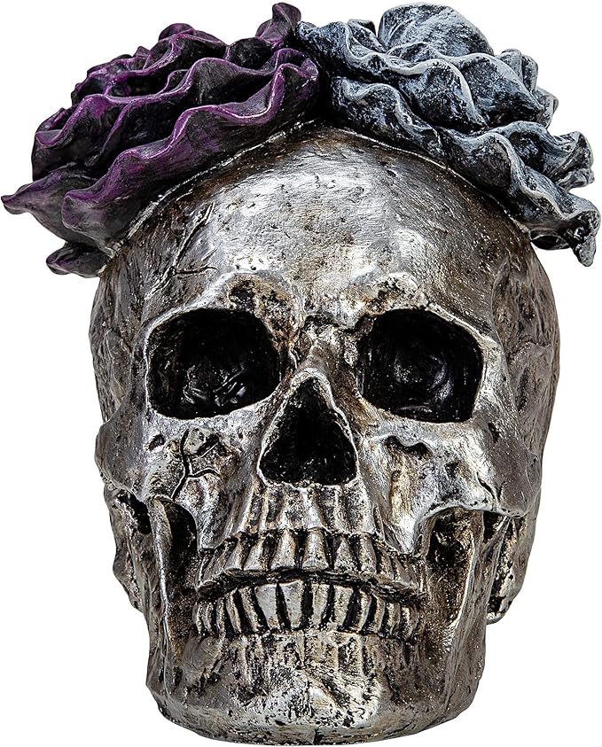WENYLE Halloween Skull Statues Home Decor Day of Dead Purple Grey Rose Silver Skull Resin Figurine Flower Skull Decor 7.25" L