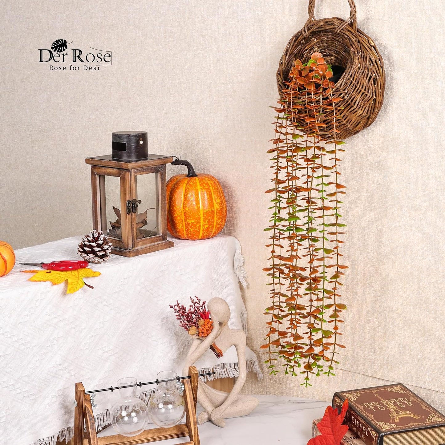 Der Rose 1Pcs Fake Fall Plants Hanging Orange Artificial Potted Faux Eucalyptus Plant Decorations for Fall Thanksgiving Bathroom Table Centerpiece Wall Kitchen Room Decor Indoor and Outdoor