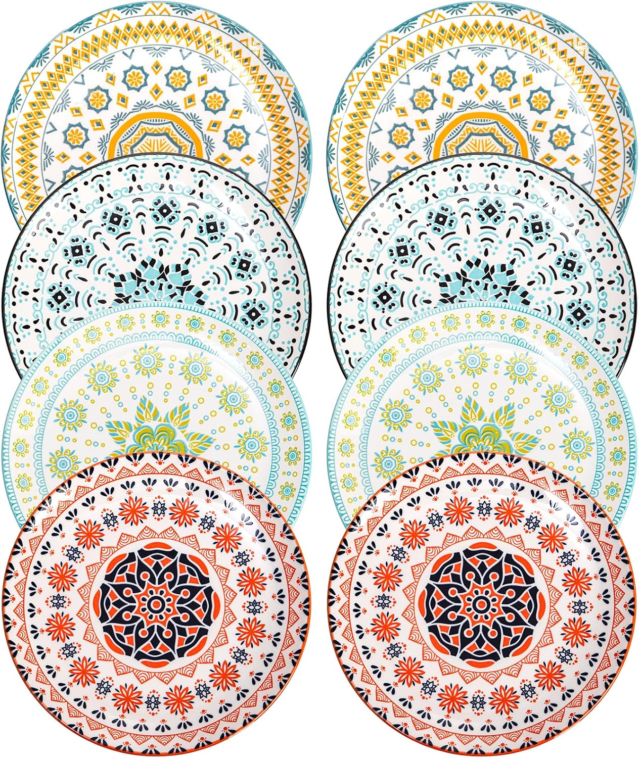 Foraineam 8 Pieces 8 Inch Round Porcelain Salad Plates, Decorative Appetizer Plates Dessert Dishes, Colorful Floral Serving Dishes for Luncheon, Steak, Fruit, Snack, Microwave and Dishwasher Safe