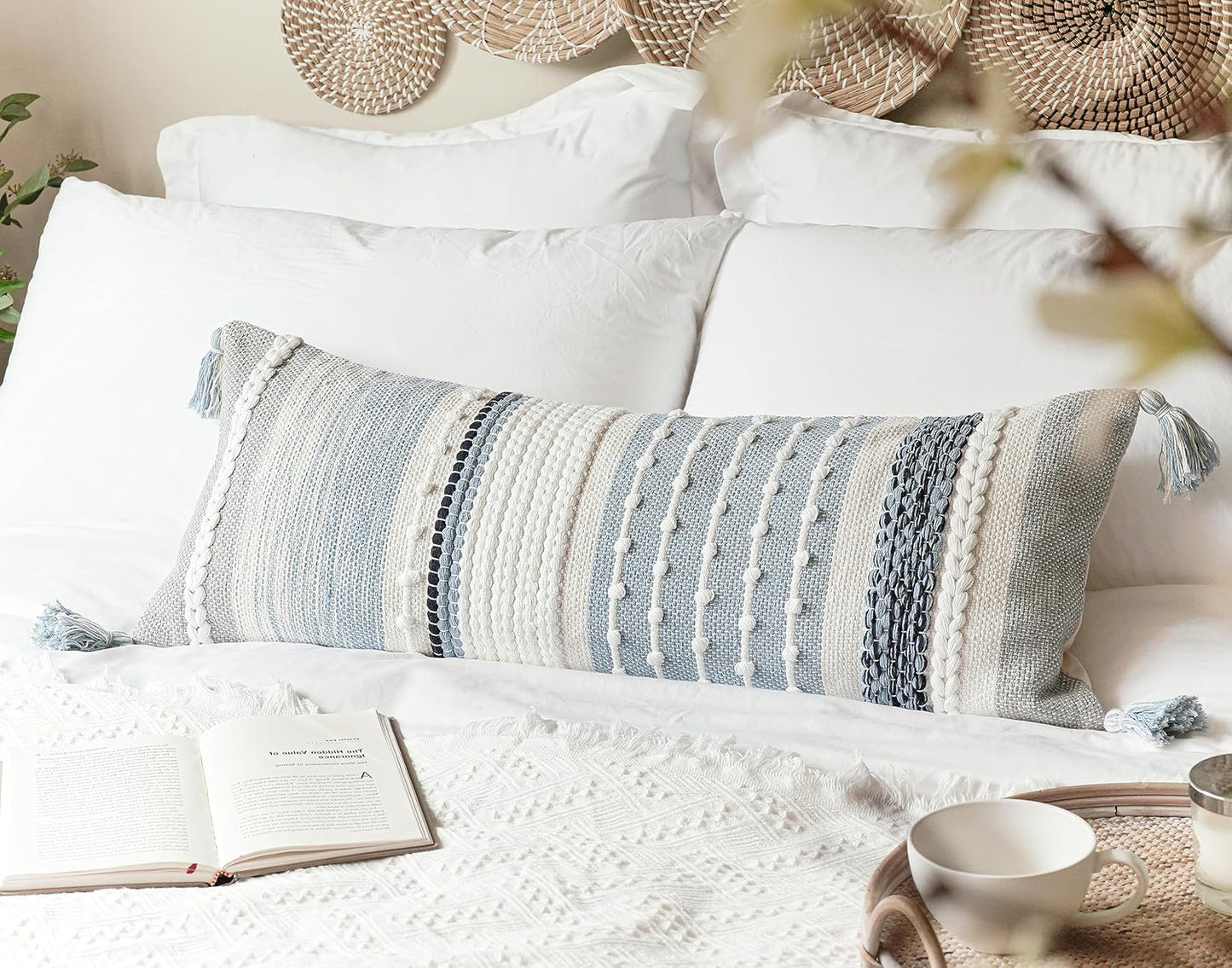 BlissBlush Coastal Blue Decorative Lumbar Pillow Cover 14x36 Boho Long Body Pillow for Bed Farmhouse Lumbar Throw Pillow for Couch Modern Accent Textured Throw Pillowcase