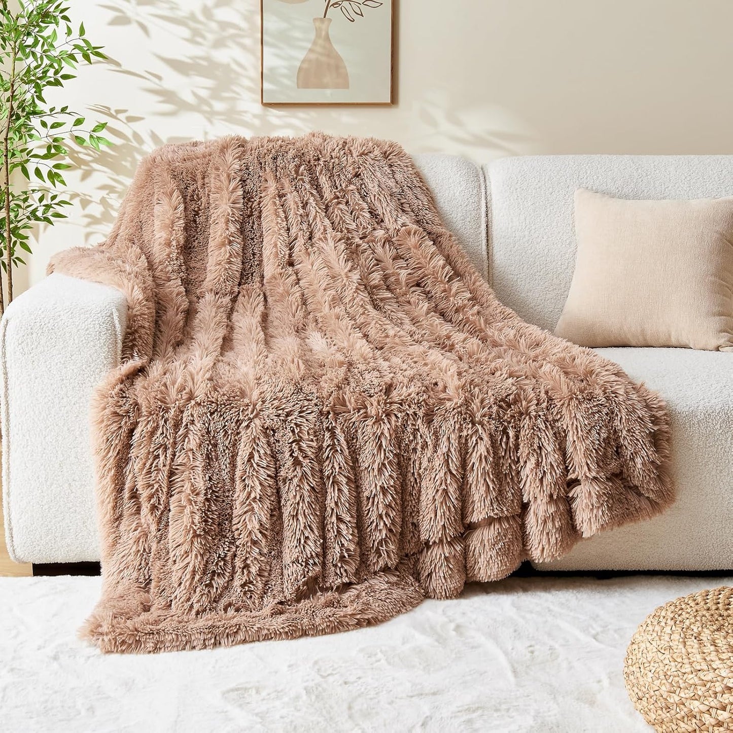GONAAP Fuzzy Faux Fur Throw Blanket Twin Size Taupe Super Soft Cozy Plush Fuzzy Shaggy Blanket for Couch Sofa Bed (Taupe, Twin(60"x80"))