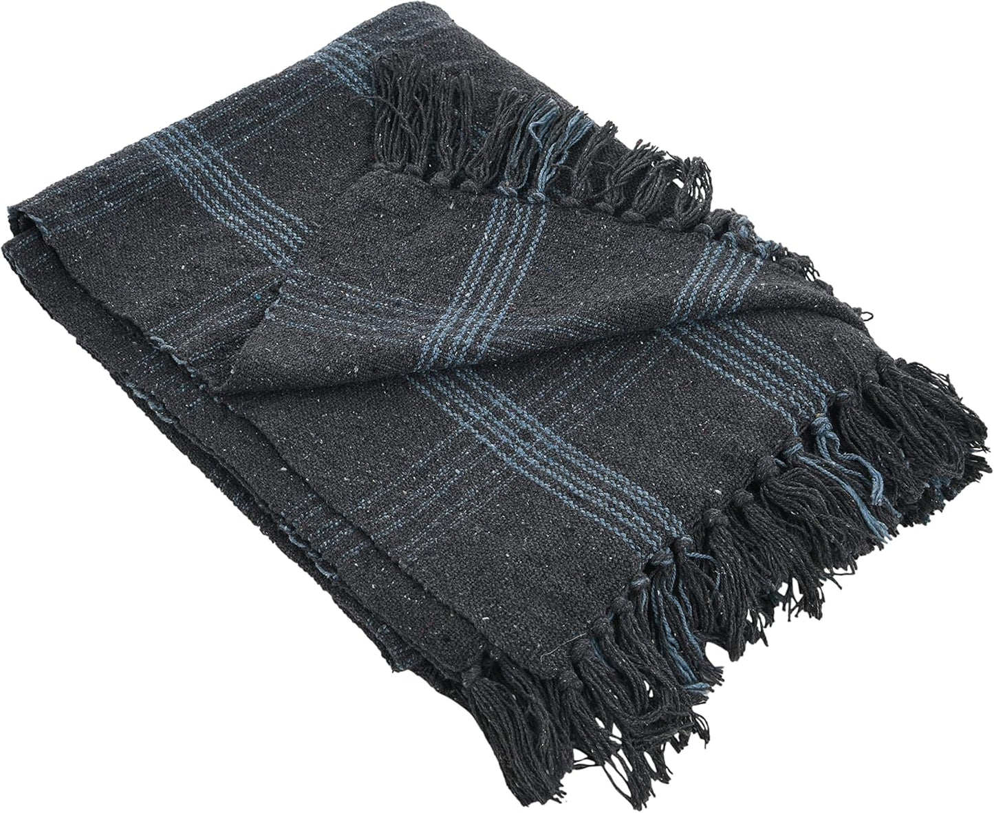 Creative Co-Op Recycled Cotton Blend Throw Blanket with Fringe, Grey Plaid