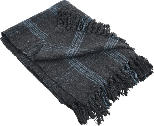 Creative Co-Op Recycled Cotton Blend Throw Blanket with Fringe, Grey Plaid