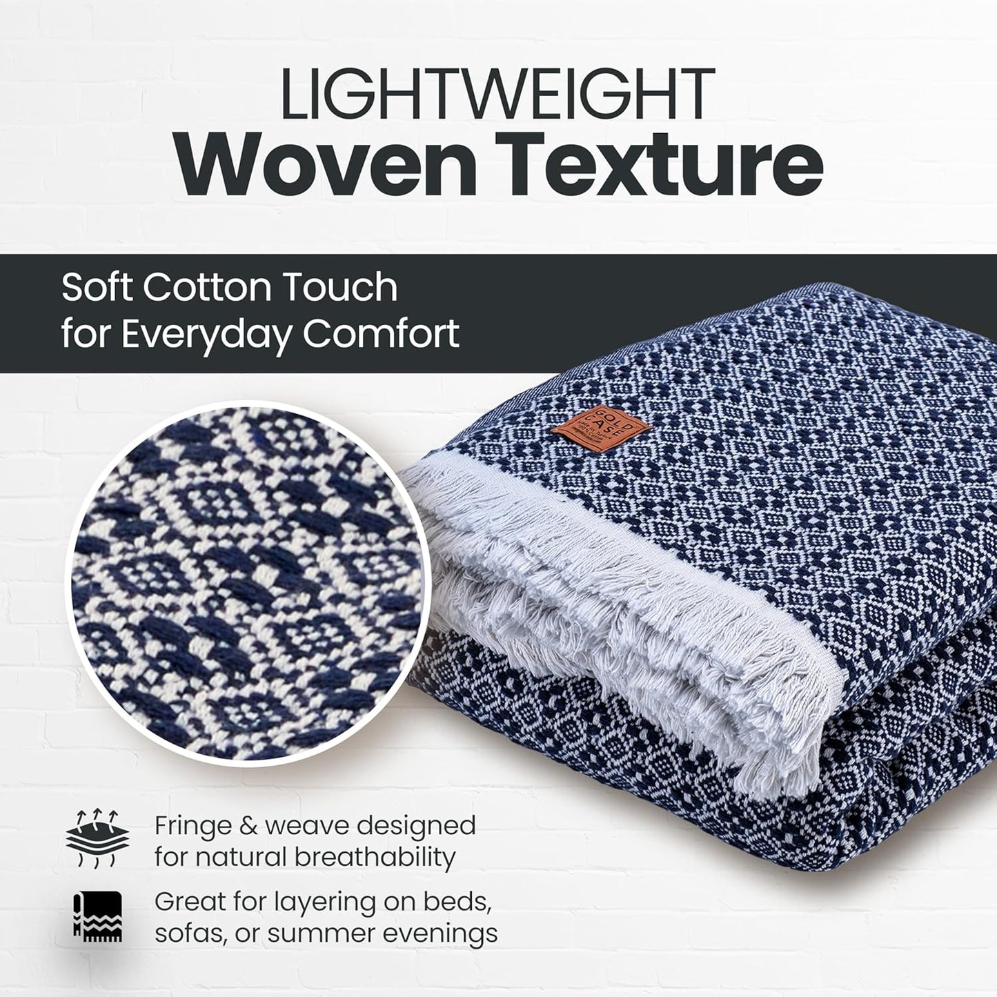 Gold Case Throw Blanket for Bed - 100% Recycled Turkish Cotton Blanket - Retro Lightweight Soft Throw Blankets for Bed & Living Room - Queen Size Cozy Blankets - 90x90 - Navy Blue