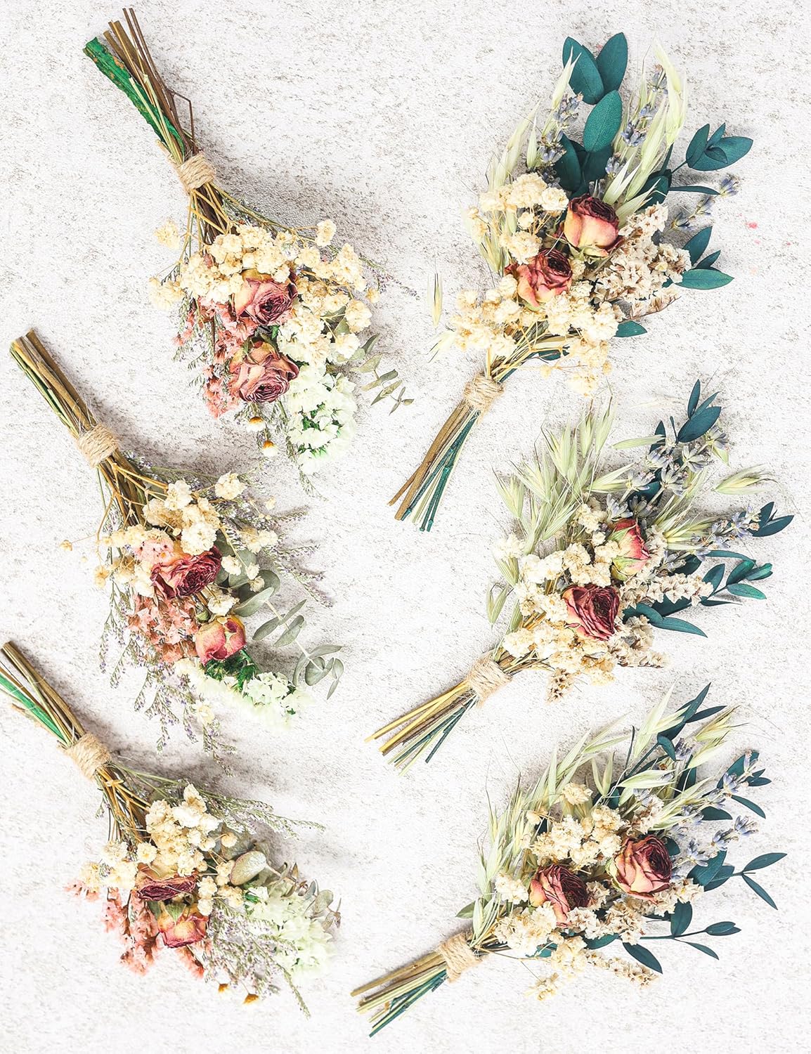 Mini Dried Flower Bouquet Set of 6, Pampas Grass Boho Wedding Table Centerpieces,Boutonniere for Men,Dry Flowers,Personalized Bridesmaid Gift Box,Small Bottles Decoration.(Rose)