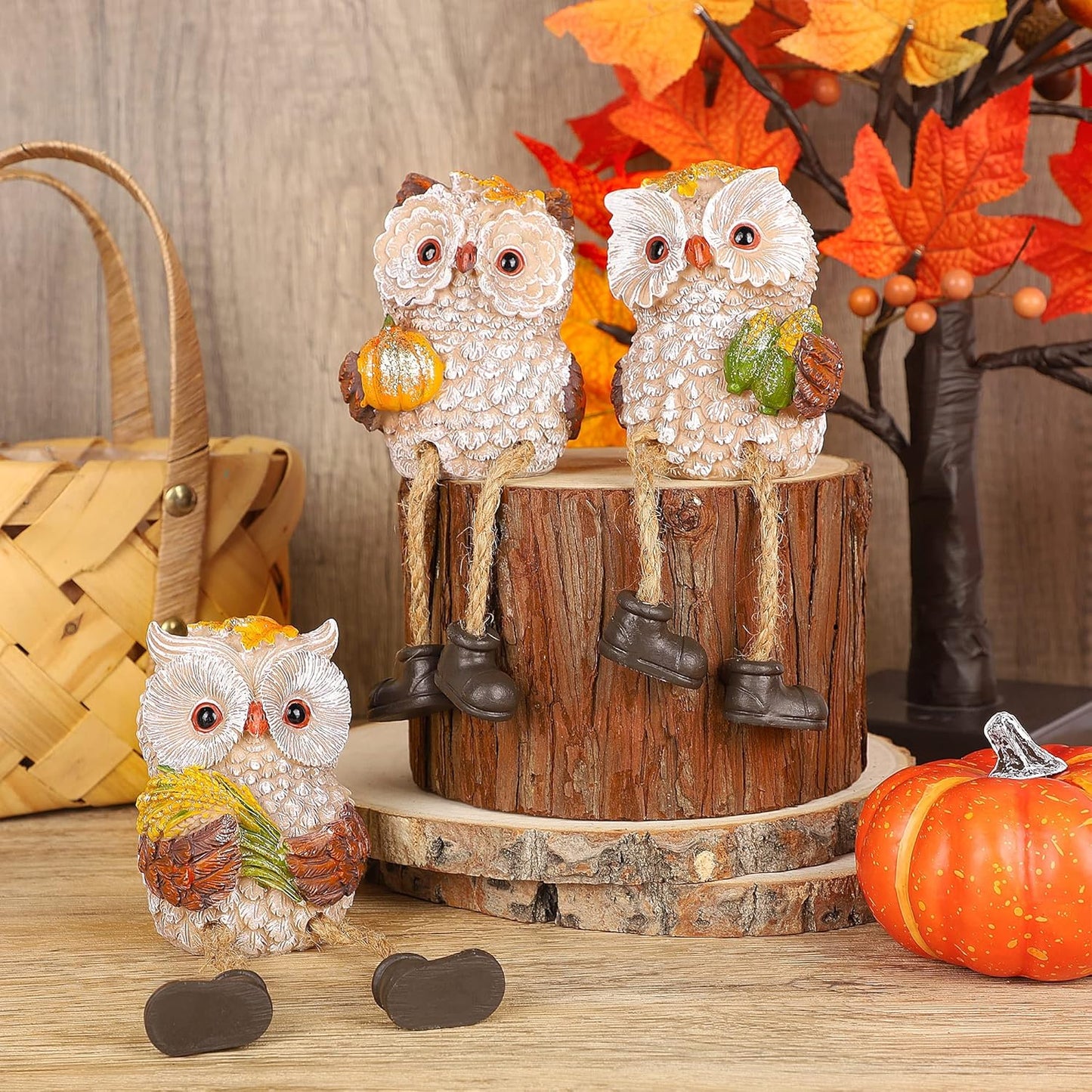 Lulu Home Thanksgiving Figurines, Set of 3 Resin Owl Shelf Sitters with Dangling Legs, Wheat Maize Pumpkin Harvest Sculpture for Window Sill Kitchen Tabletop Autumn Home Decor