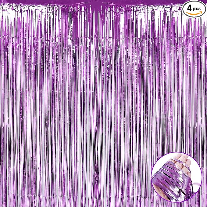 4 Pack Light Purple Foil Fringe Curtain Backdrop, 3.28Ft x 9.84Ft Metallic Tinsel Streamers Curtains for Party, Photo Booth Props, Birthday, 2022 Graduation Decoration Supplies