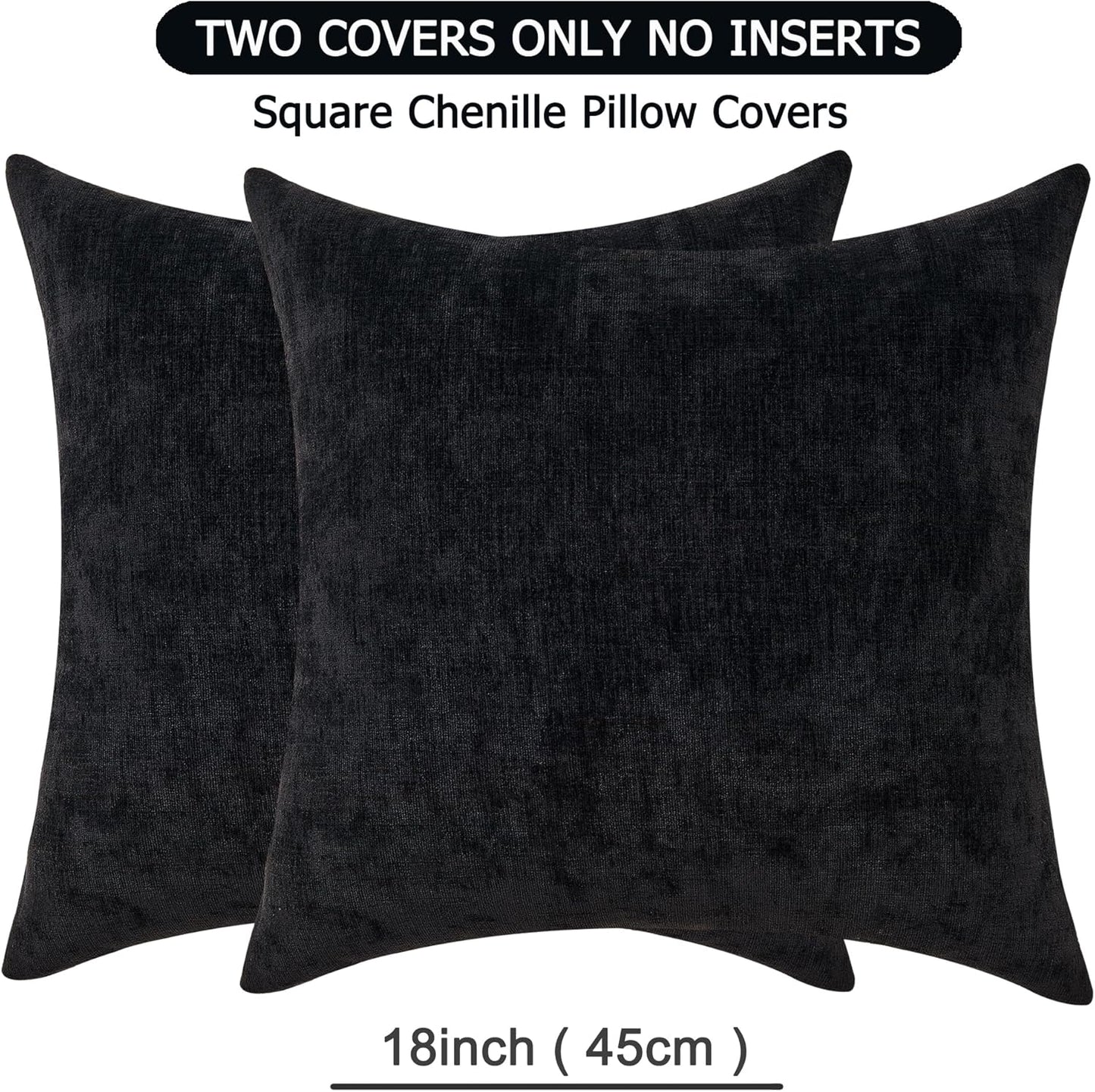 GAWAMAY Decorative Square Throw Pillow Covers 18"x18" Inch Set of 2, Super Soft Chenille Pillows Farmhouse Fall Pillowcase for Living Room Bedroom Sofa Couch Cushion Cover Black 45x45cm (No Insert)