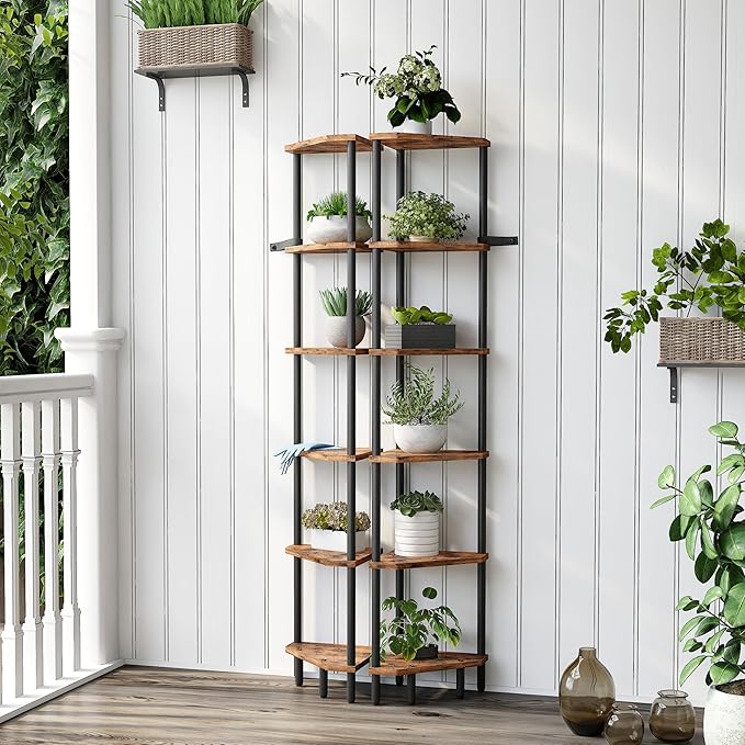 6 Tier Corner Shelf, 66.5'' Tall Standing Shelf, Narrow Display Shelf Stand, Modern Corner Bookshelf, Plant Stand, Corner Bookcase for Living Room, Bedroom, Bathroom, Rustic Brown LCS502R