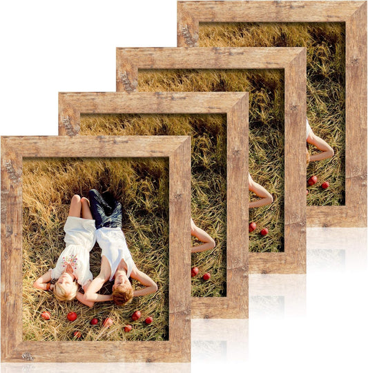 iRahmen 8x10 Picture Frame Set of 4, High Definition Real Glass Rustic Brown Frame, 8 x 10 Wood Photo Frames for Desktop Display and Wall Mounting