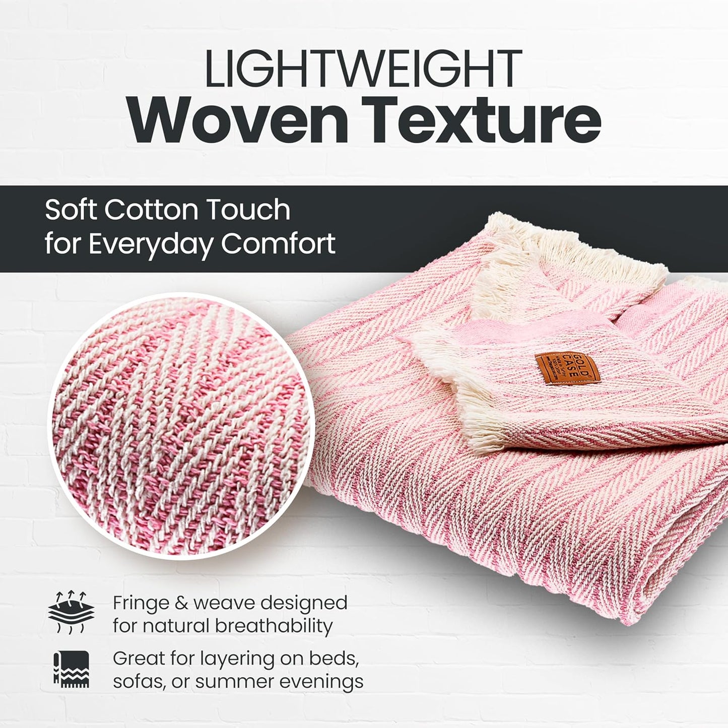 Gold Case Throw Blanket for Couch - 100% Recycled Turkish Cotton Blankets & Throws - Vintage Soft Throw Blankets for Living Room - Boho Decorative Woven Couch Blanket - 60x80 - Pink