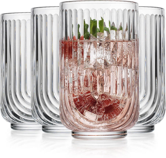 Glaver's Vintage Glassware Art Deco Glasse Ribbed Drinking Glasses U-Shape Arch Design Colored Cocktail Kitchen Tumblers Everyday Dinner Decorative Party (Clear S/4 17oz)