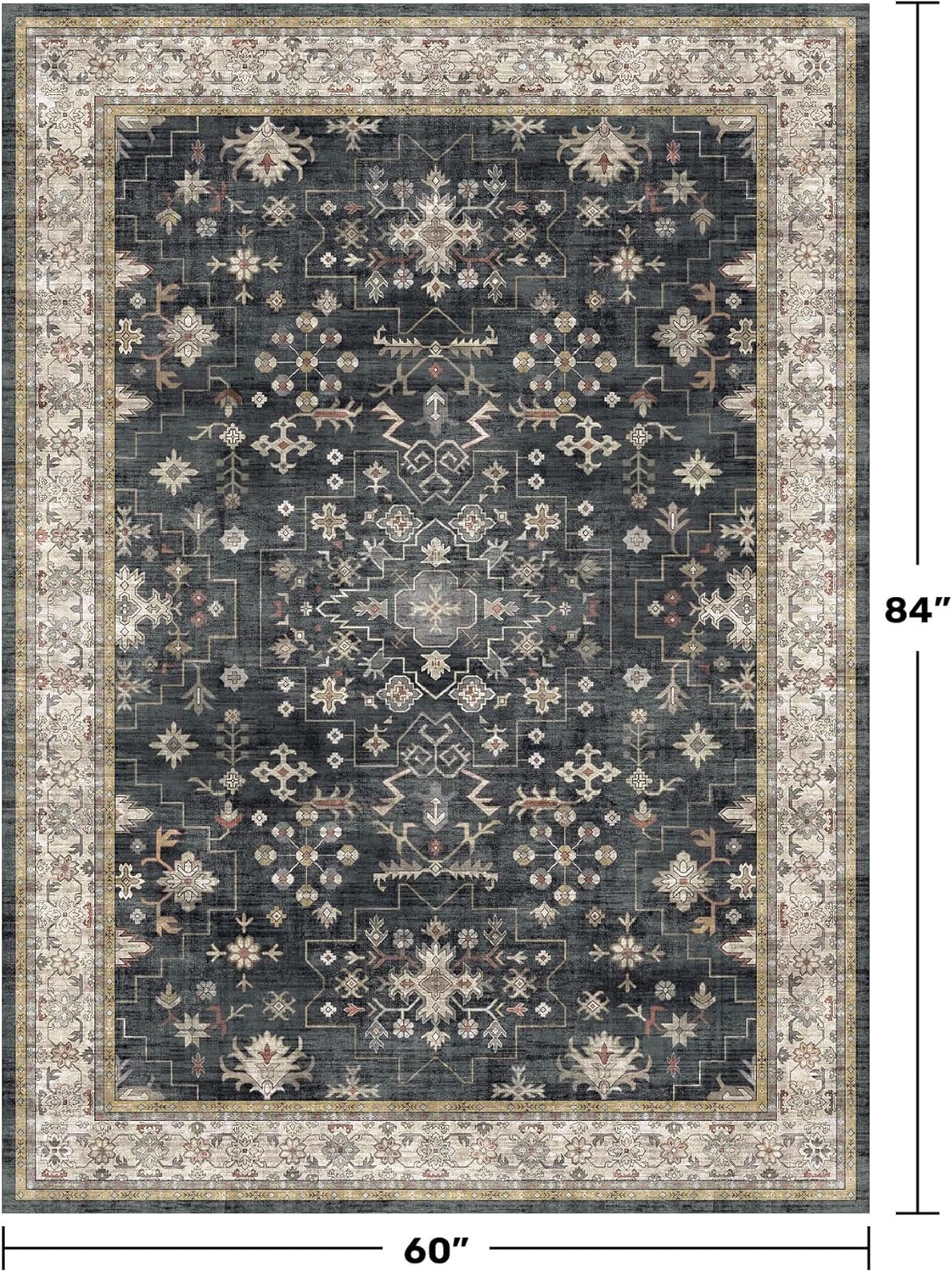 Black Boho Living Room Rug 5x7, Washable Dark Vintage Moody Low Pile Non Slip Carpet for Bedroom, Dinning Room, Office, Farmhouse, Retro Area Rug Indoor Decor (5x7 Black/Multi)