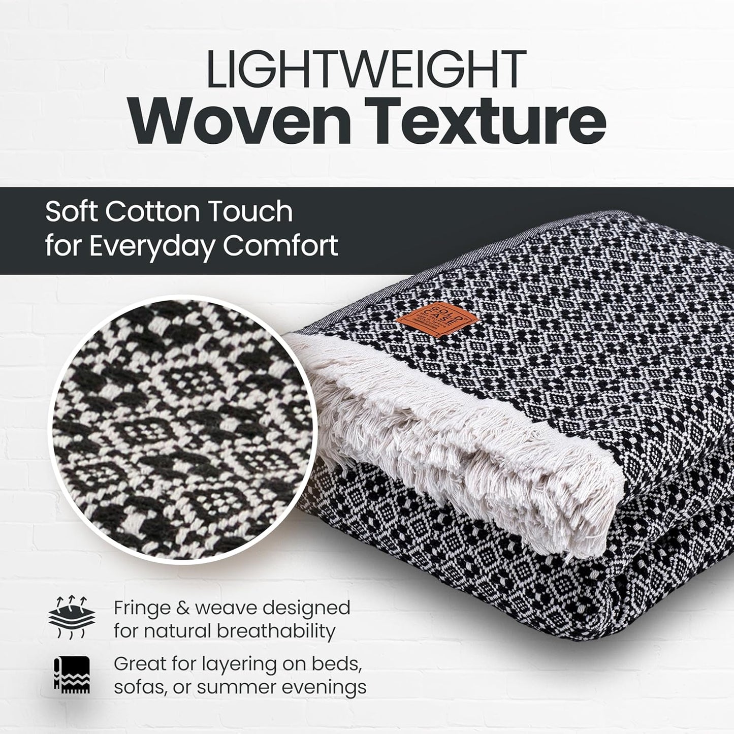 Gold Case Throw Blanket for Bed - 100% Recycled Turkish Cotton Blanket - Retro Lightweight Soft Throw Blankets for Bed & Living Room - Twin Size Cozy Blankets - 71x90 - Black