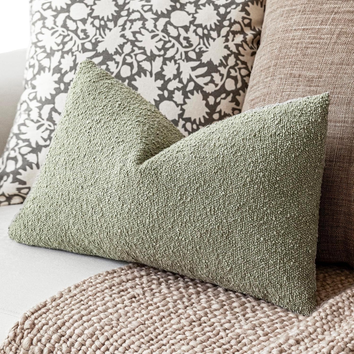 Foindtower Decorative Textured Boucle Throw Pillow Covers Accent Solid Lumbar Pillow Cases Neutral Soft Couch Cushion Case for Chair Sofa Bedroom Living Room Home Decor 12x20 Inch,1PC,Dirty Sage Green