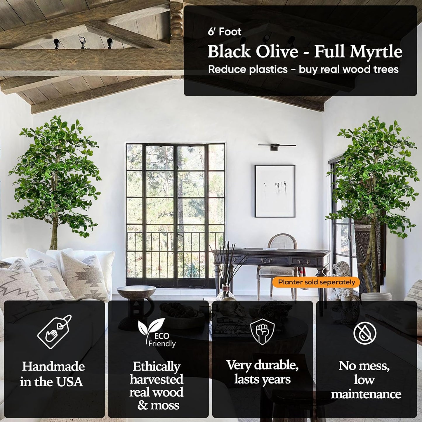 Cypress & Alabaster Handmade 6ft Italian Black Olive Leaf Artificial Tree with Ethically Sourced Real Wood Trunks, Hypoallergenic, 6-Foot, Green