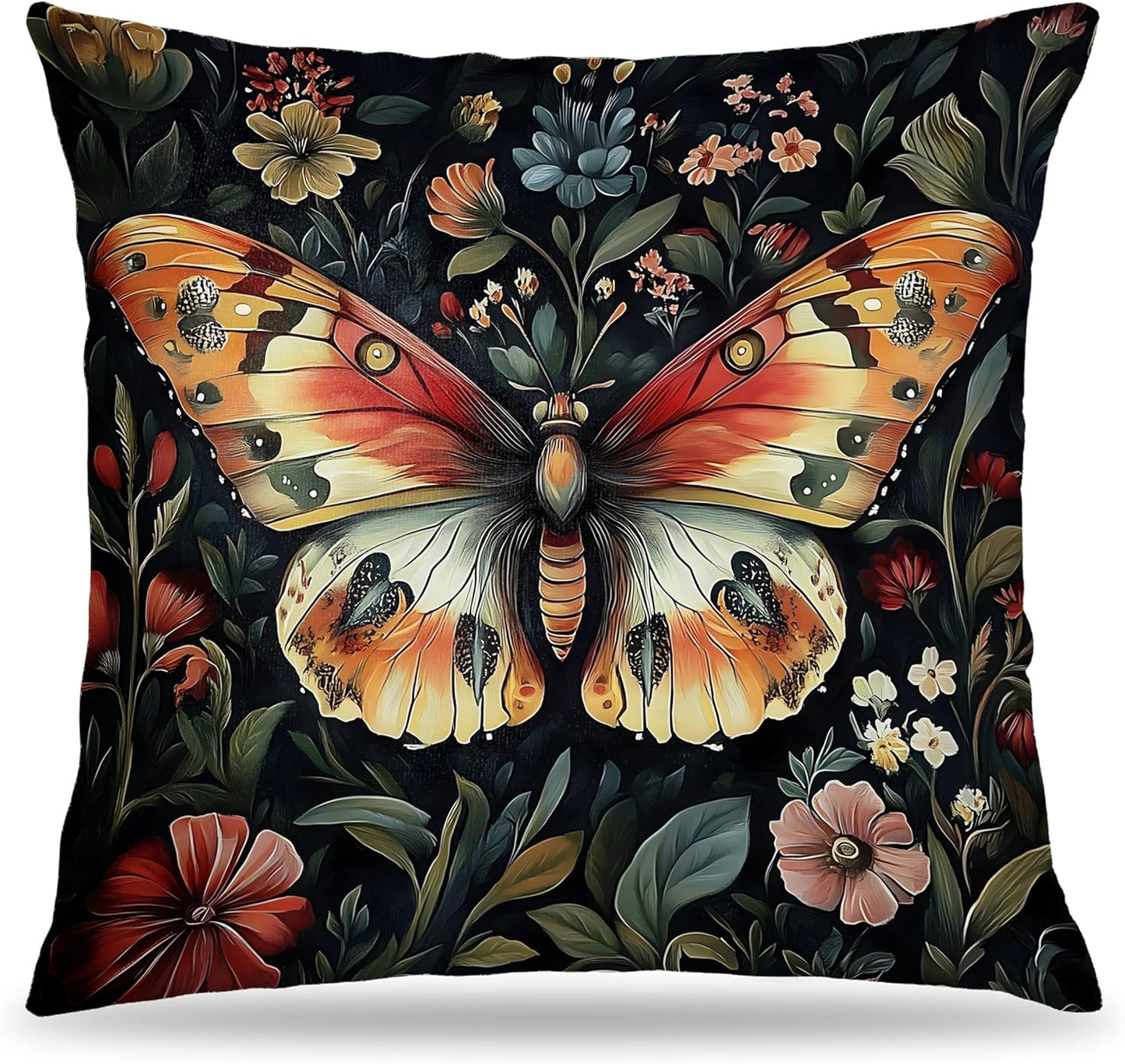 Colorful Floral Butterfly Pillow Covers 18x18, Retro Dark Cottagecore Wildflower Botanical Moth Decorative Throw Pillow Covers for Bedroom Living Room Home, Butterfly Room Decor
